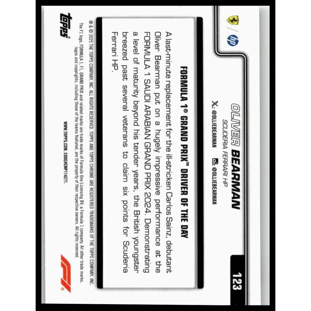 2025 Topps Chrome Formula 1 Oliver Bearman #123 Scuderia Ferrari HP